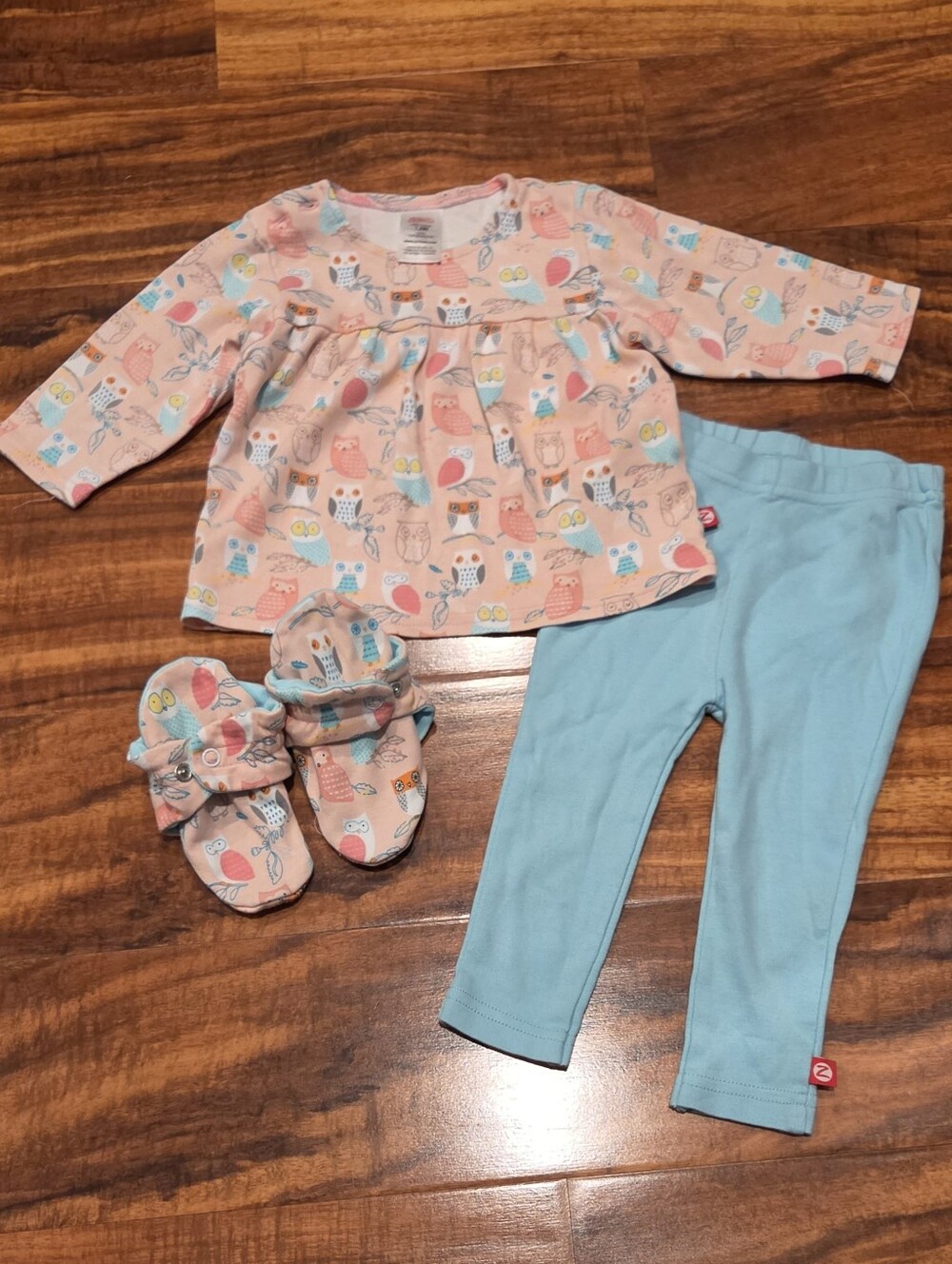 Zutano EUC 12 Months Pink/Blue Owl Print Top, Leggings and Booties